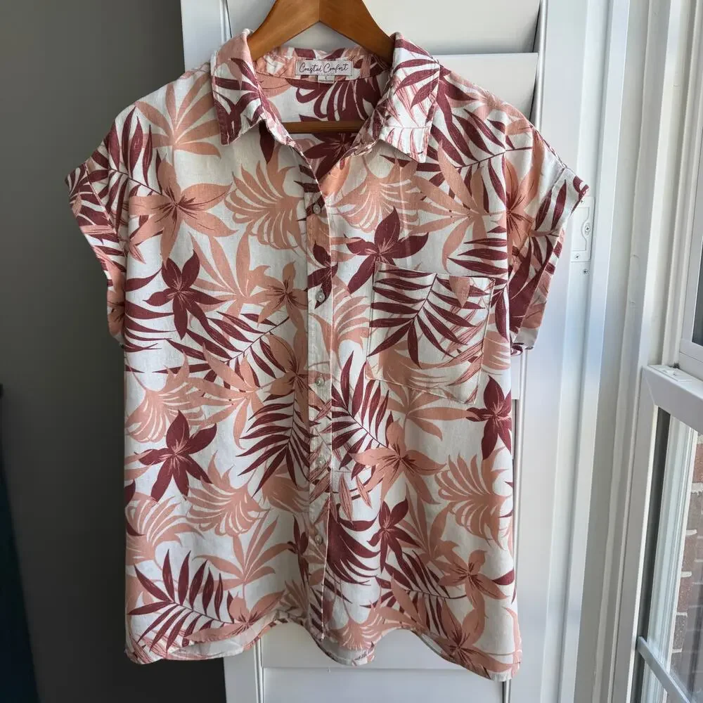 COASTAL COMFORT Top Womens L Tropical Palm Print Retro Hawaiian Surfer Vibe - Picture 9 of 12